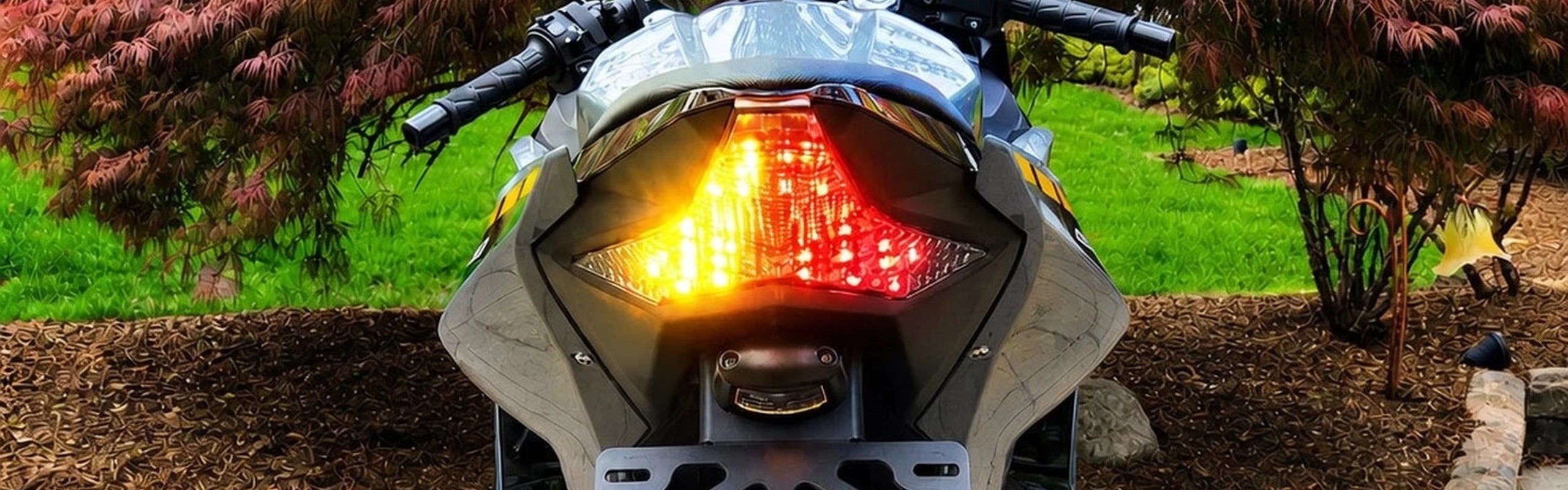 Feu arrière LED intégré Blaster-X avec clignotants orange allumés sur une moto sportive