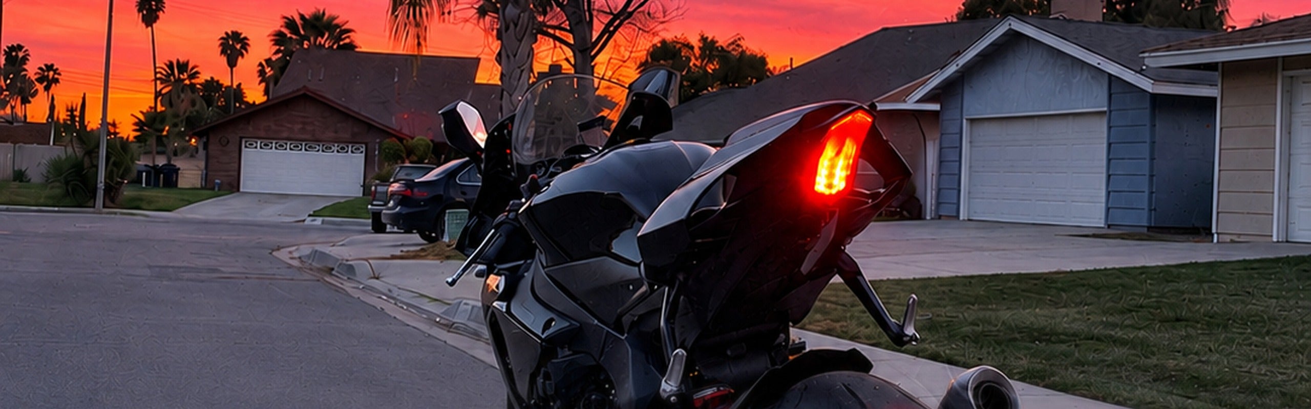 Yamaha R1 noire au coucher du soleil avec son feu arrière LED intégré allumé