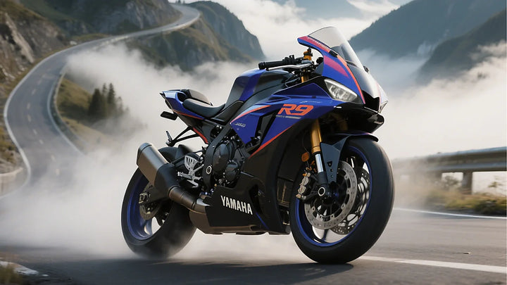 Blue Yamaha R9 sportbike riding a misty mountain road