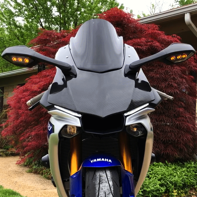 R1, R1M and R1S Running Light DRL Turn Signal Mod with OEM Mirrors Installed - Custom LED Blinker Genie pre-wired for 2015+ R1, R1M and R1S