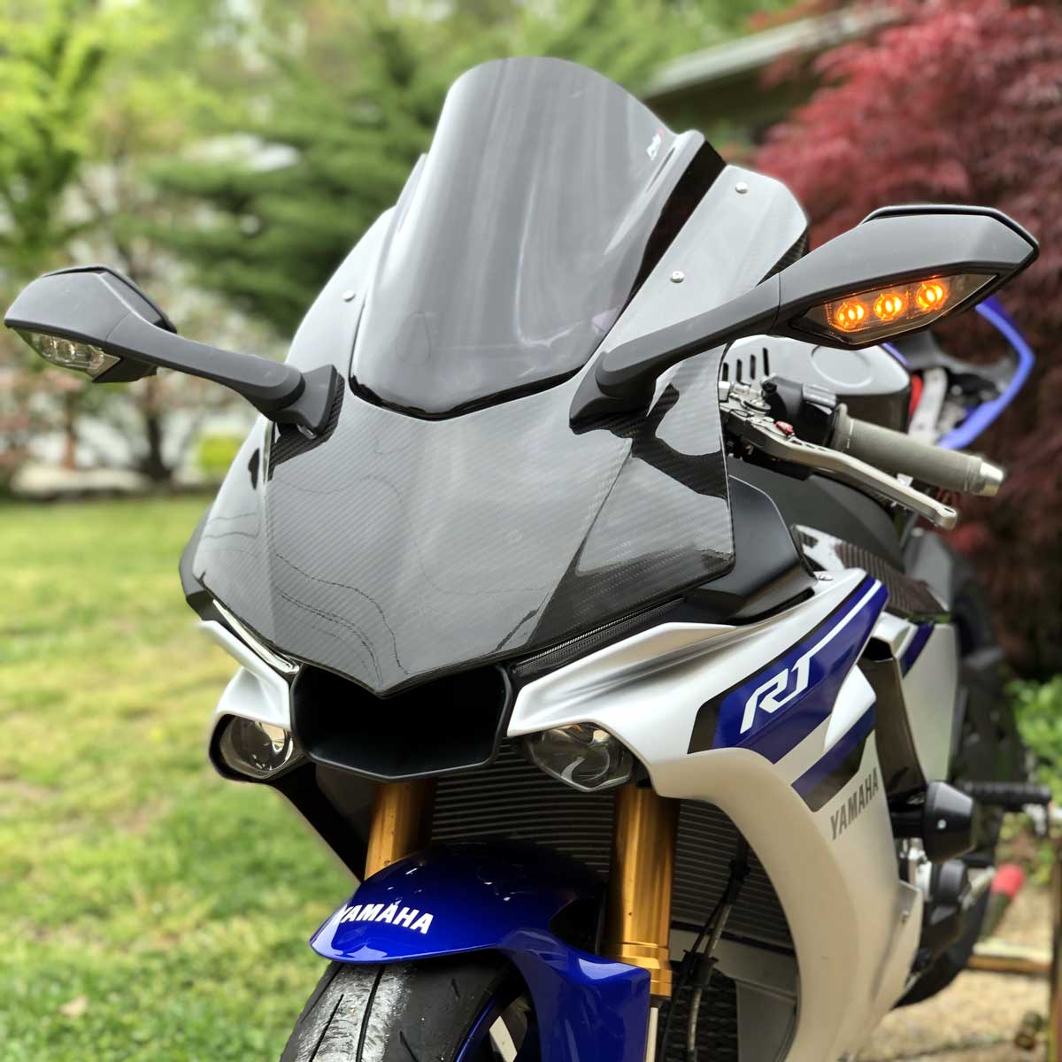 R1, R1M and R1S Running Light Turn Signal DRL Mod with OEM Mirrors Installed - Custom LED Blinker Genie pre-wired for 2015+ R1, R1M and R1S